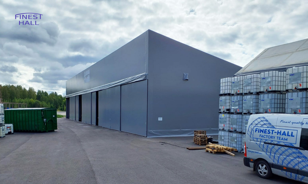 Finest-Hall Factory OÜ toodetud ja paigaldatud varikatus mõõtudega 15x49m, kõrgusega 6,5 meetrit Kierto Itä-Suomi Oy-le.