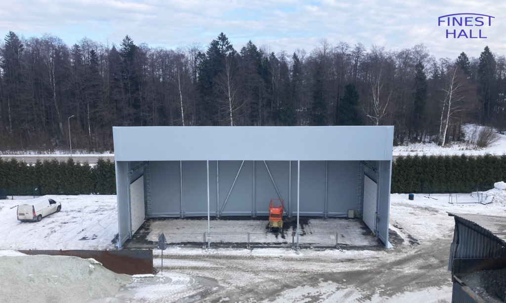 Finest-Hall Factory OÜ toodetud ja paigaldatud varikatus mõõtudega 8x21m, kõrgusega 9,4 meetrit Perasaar OÜ-le.