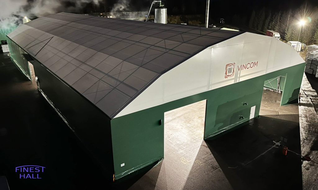 Finest-Hall Factory OÜ toodetud ja paigaldatud PVC hall mõõtudega 20x36m, kõrgusega 5,6 meetrit + varikatus mõõtudega 4x12m, kõrgusega 4 meetrit Soilfood Oy-le.